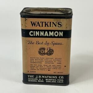 Vtg Watkins Cinnamon Tin 1940s MCM Retro Kitchen Prop Decor Cylinder Tube